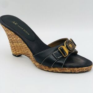 Anne Klein Wedge Sandal 7.5 Black Leather Straw Women AKHagan